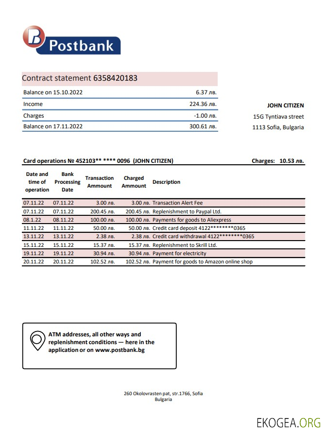 Relevé de la Postbank bulgare